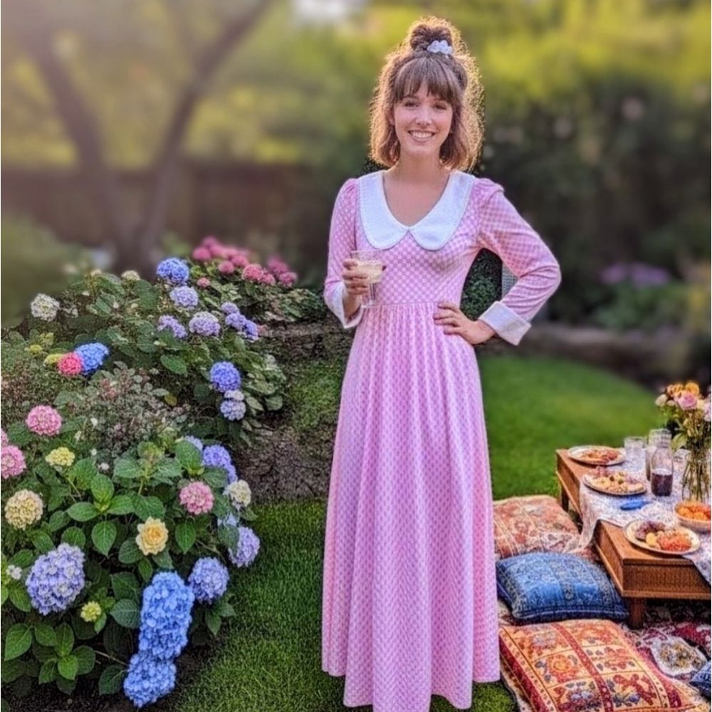 Vintage Pink Gingham 70s Prairie Dress with Eyelet Collar